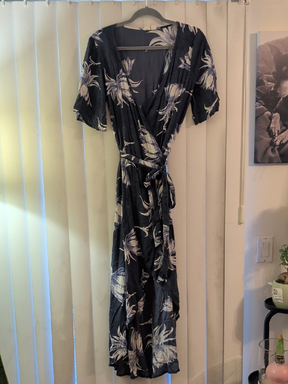 Roxy Navy Maxi Wrap Dress with White Floral Print, Medium